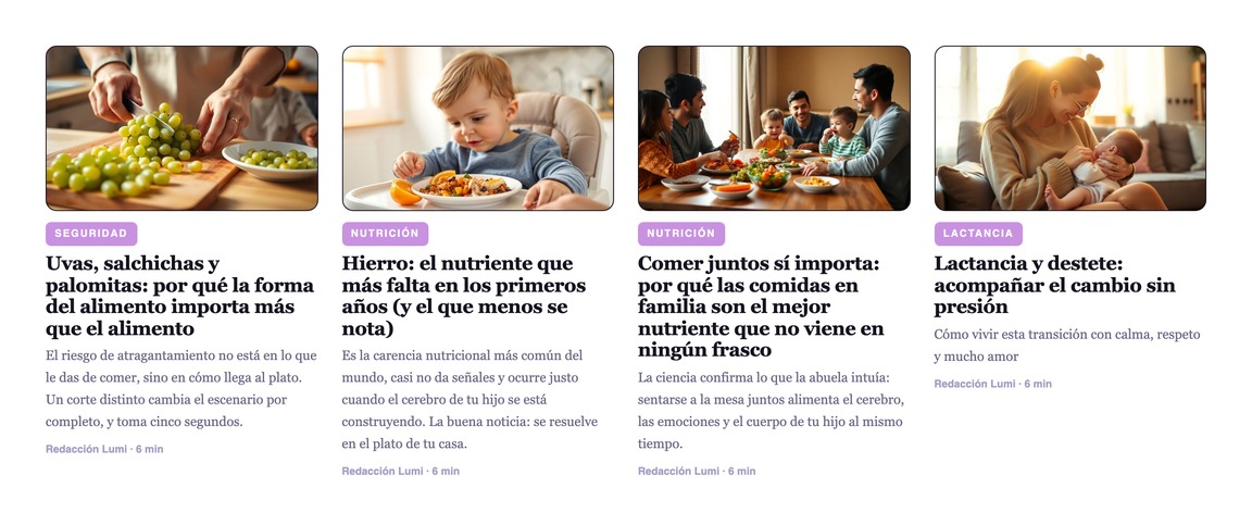La sección Alimentación dentro del espacio para papás. Cada tarjeta dice de qué trata y cuánto se tarda en leerse, y las más nuevas van siempre arriba.