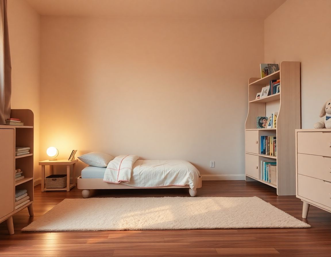 Un cuarto a prueba de exploradores nocturnos: muebles anclados, piso despejado y luz cálida.