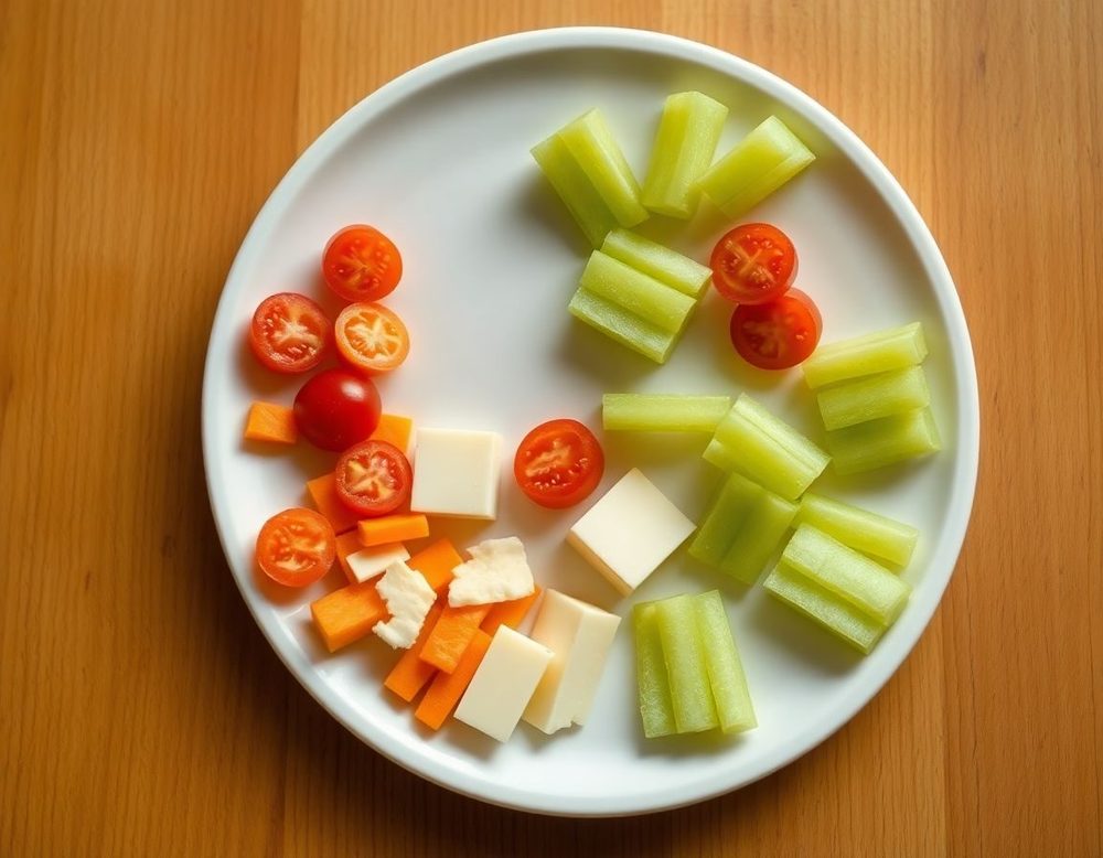Así se ve un plato listo para esta edad: todo en trozos del tamaño de la uña del pulgar. Lo redondo —uvas, cerezas, tomates— se parte a lo largo, nunca en rodajas.